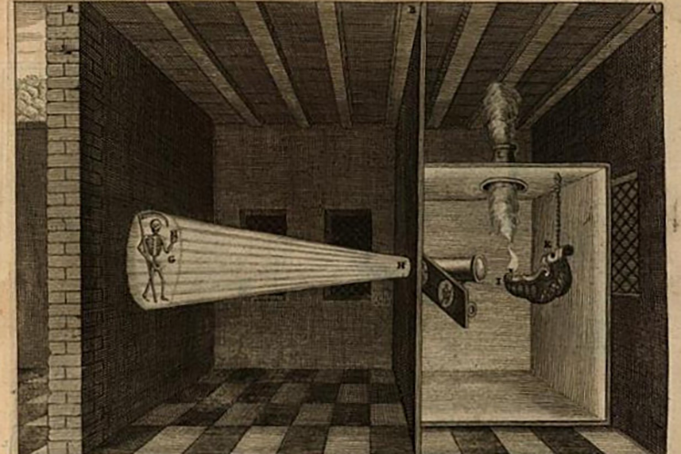 Illustration of the magic lantern in Athanasius Kircher's Ars Magna Lucis et Umbrae (1671 second edition). Fonte Wikimedia Commons